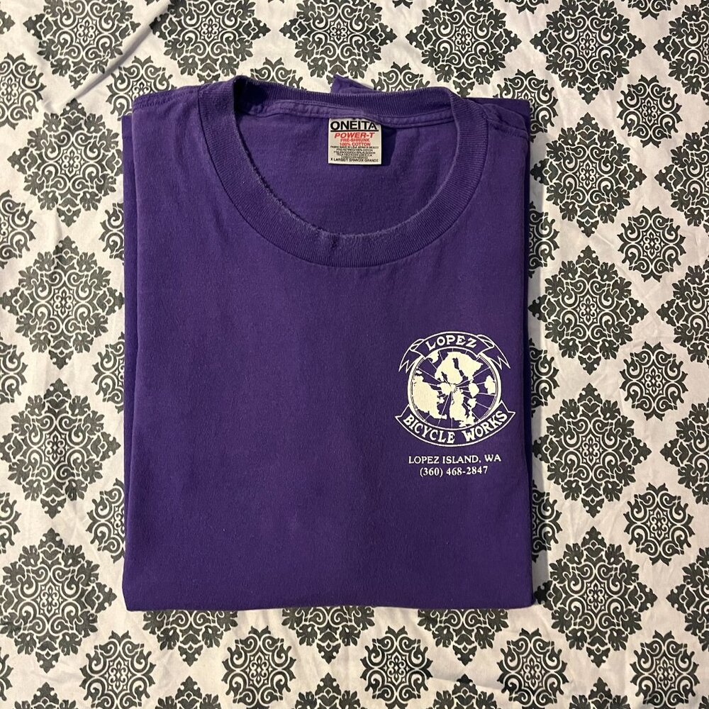 Vintage 90s Lopez Bicycle Works Purple Logo Single Stitched Graphic T-shirt